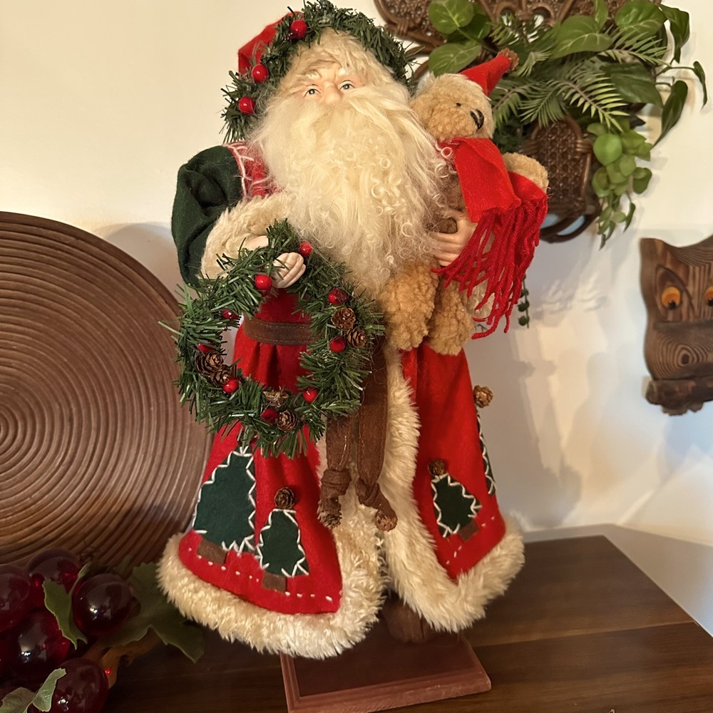 Large Festive Santa Claus Figurine with Wreath and Teddy Bear